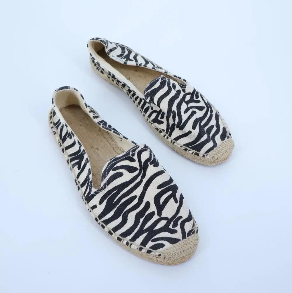 SOLUDOS Zebra Print Espadrille Flats Cream Black Canvas Slip On Women's 7